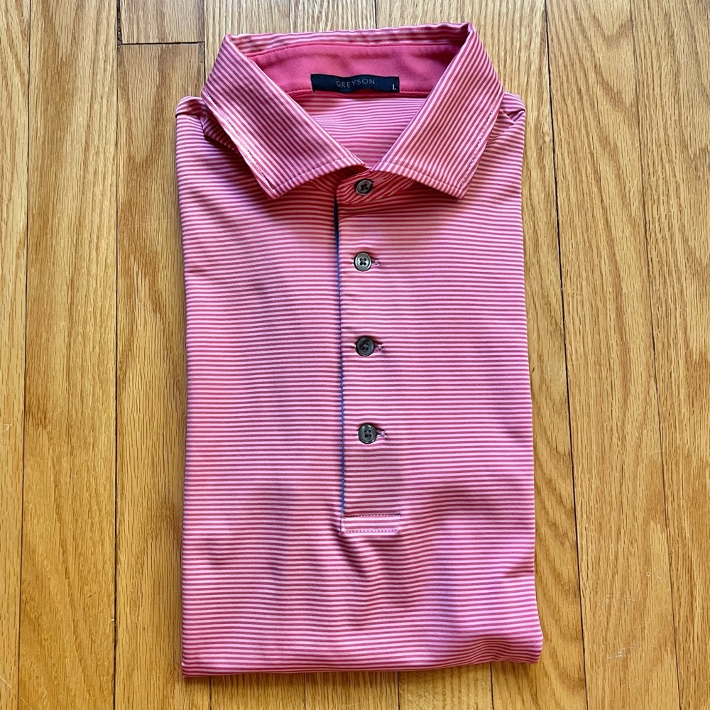 Greyson Men’s Short Sleeve Performance Golf Polo Shirt Large Pink Stripes